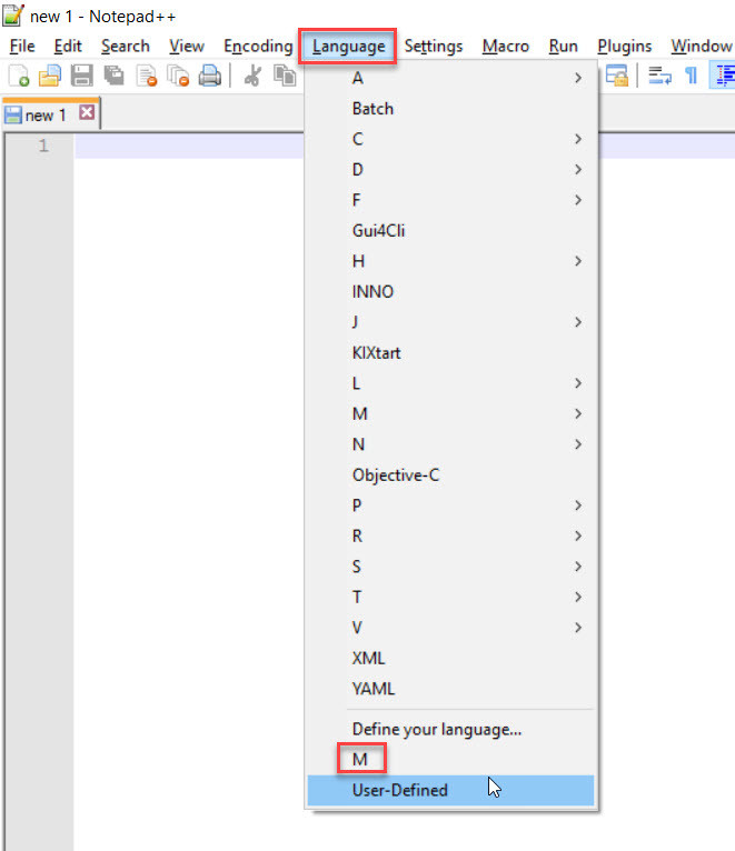 Selecting the M language in Notepad++