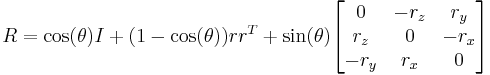 R = \cos(\theta)I + (1-\cos(\theta))rr^T + \sin(\theta) \begin{bmatrix}0&-r_z&r_y\\ r_z&0&-r_x\\ -r_y&r_x&0\end{bmatrix}