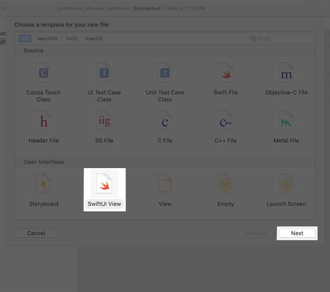 新文件類型選擇器的截圖，高亮顯示SwiftUI View和下一步按鈕。