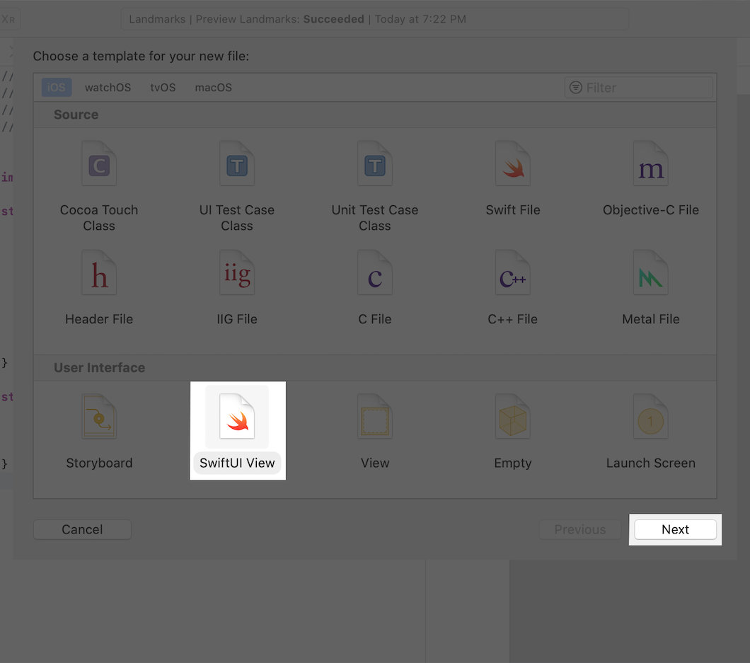 新建文件類型選擇器的截圖，高亮顯示SwiftUI View和下一步按鈕。