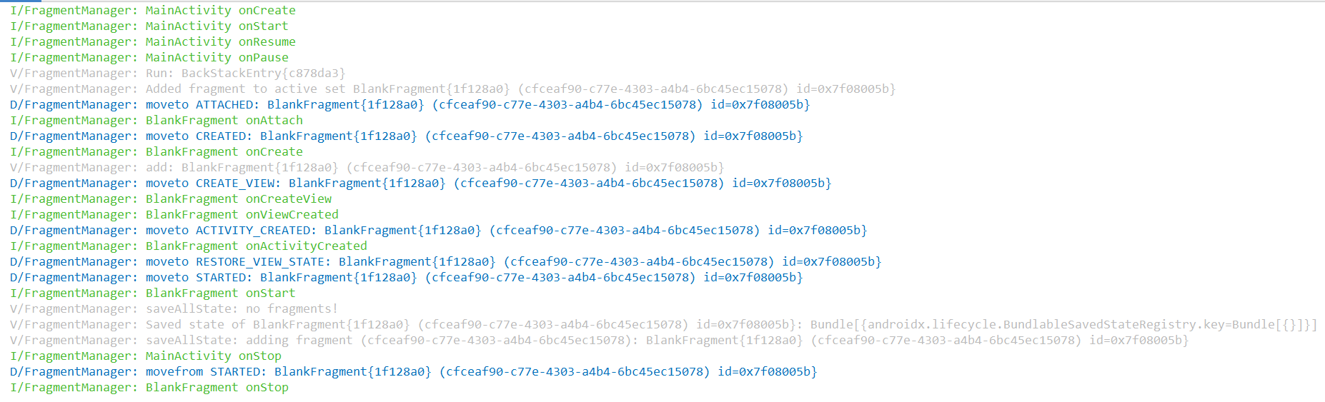 单fragment启动日志-onPause