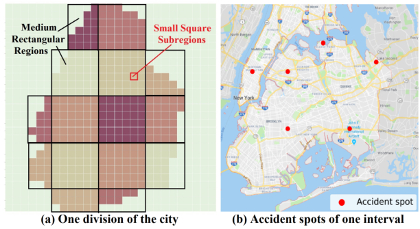 图2 NYC城市划分的一种方式及随机选取的10min事故分布