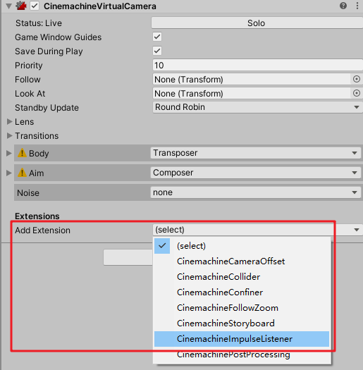 添加Cinemachine Impulse Listener扩展组件