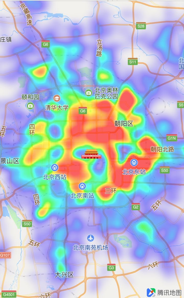 北京地区某时段打车订单热力图（虚拟数据）