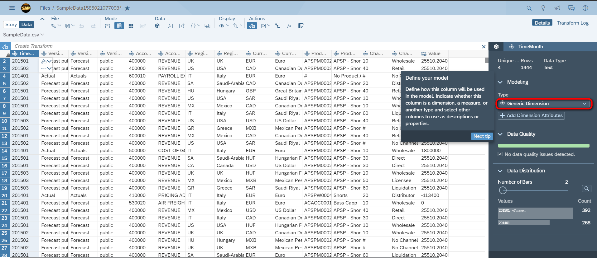 SAP Analytics Cloud学习笔记(一)：从CSV文件导入数据到Analytics Cloud里创建模型和Story