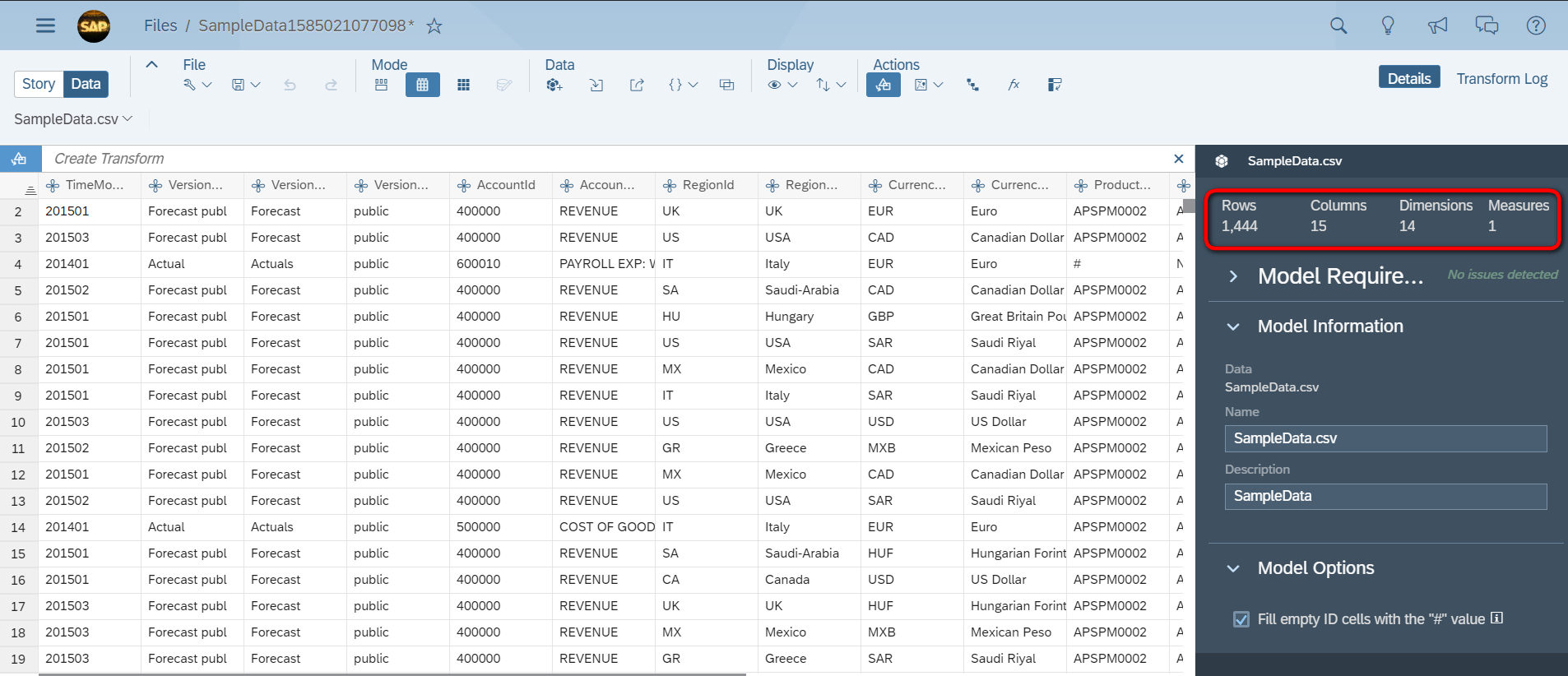 SAP Analytics Cloud学习笔记(一)：从CSV文件导入数据到Analytics Cloud里创建模型和Story