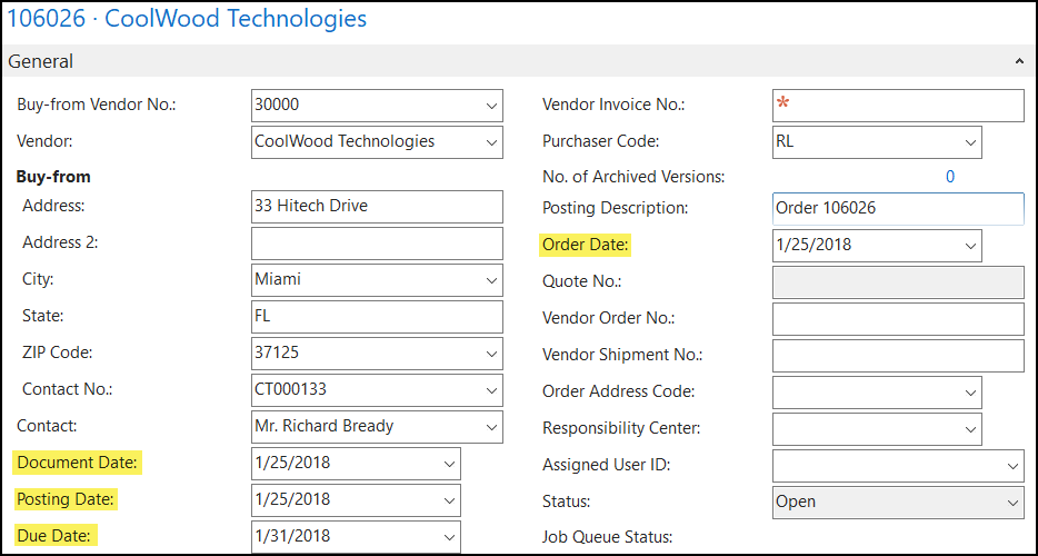 Figure 1 â The Purchase Order Header Fast Tab with dates highlighted in Microsoft Dynamics NAV 2017