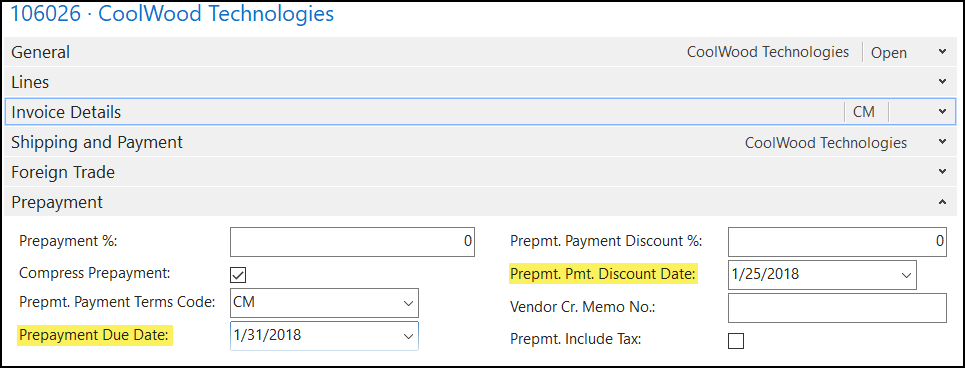figure 3 – the purchase header prepayment fasttab has two dates