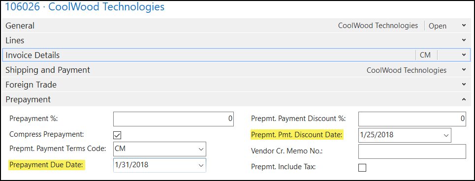 Figure 3 – The Purchase Header Prepayment FastTab has two dates in Microsoft Dynamics Business Central online