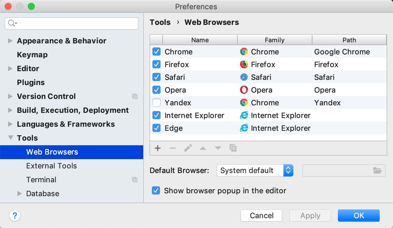 Preferences in the "Web Browser" page