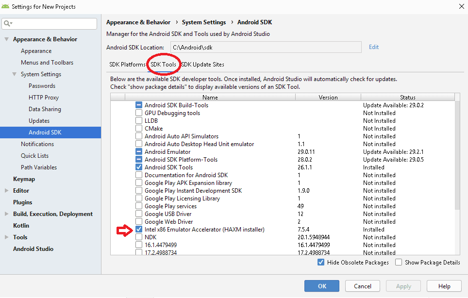 install intel haxm using the sdk manager