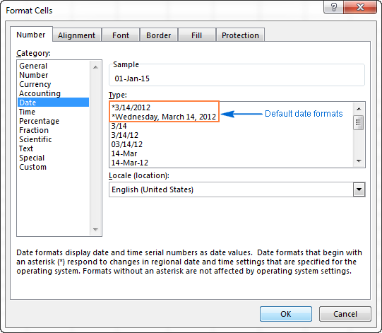 Default date formats in Excel