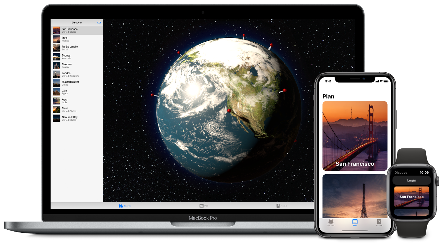 An image showing an app built using SwiftUI running on the Mac, iPhone, and Apple Watch.