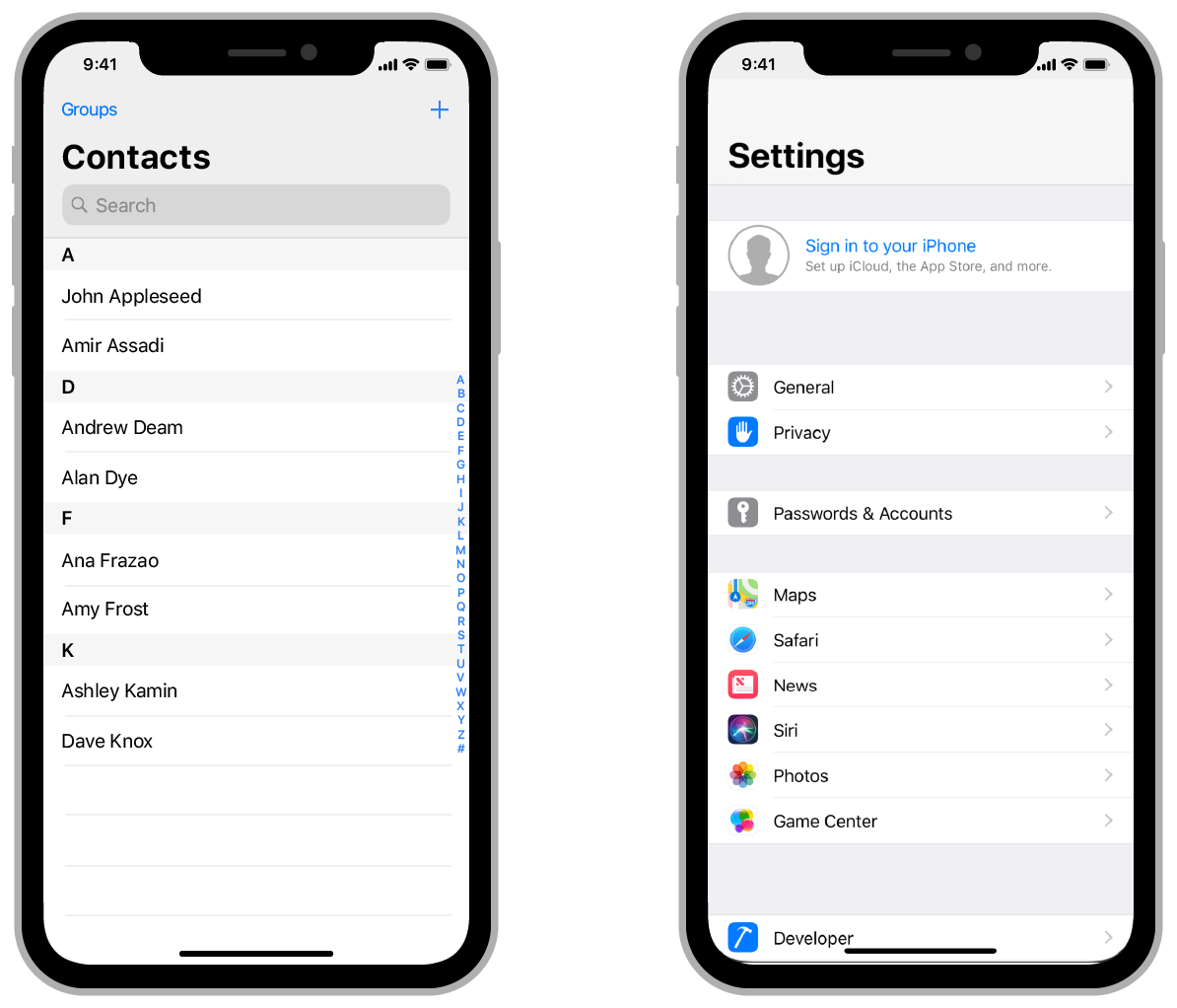 Illustration showing the Contacts app and Settings app. The Contacts app uses a table to organize the user's individual contacts in a scrolling list. The Settings app displays different groups of settings in a scrolling list.