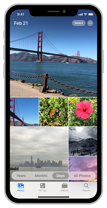 Screenshot of the Photos app on iOS showing a grid of photos displayed in the Days view.