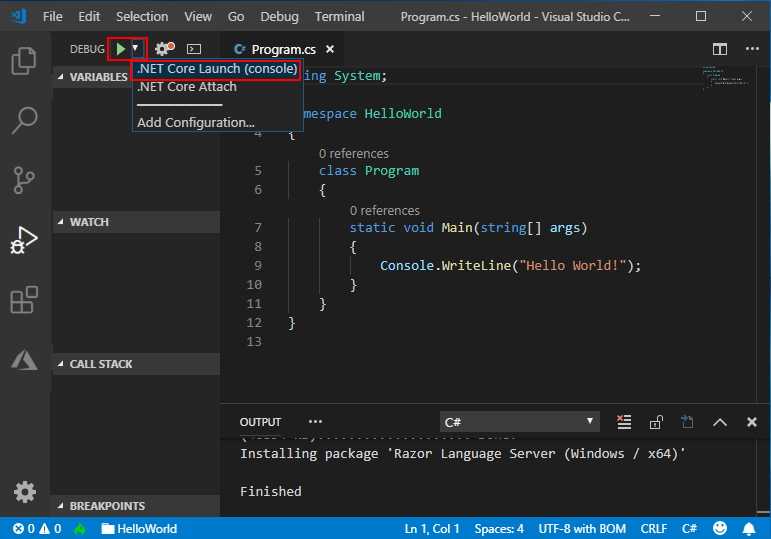 在Visual Studio代码中选择.NET Core