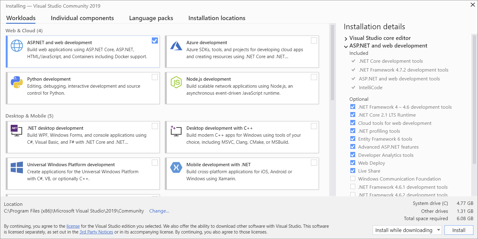 Visual Studio 2019：安装工作负载