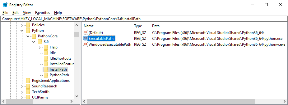 典型 CPython 安装的注册表项