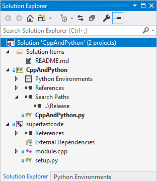 一个同时包含 Python 和 C++ 项目的 Visual Studio 解决方案