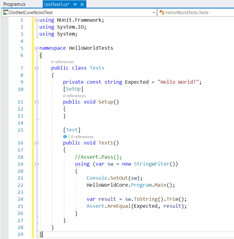 在 Visual Studio 中向单元测试方法添加代码