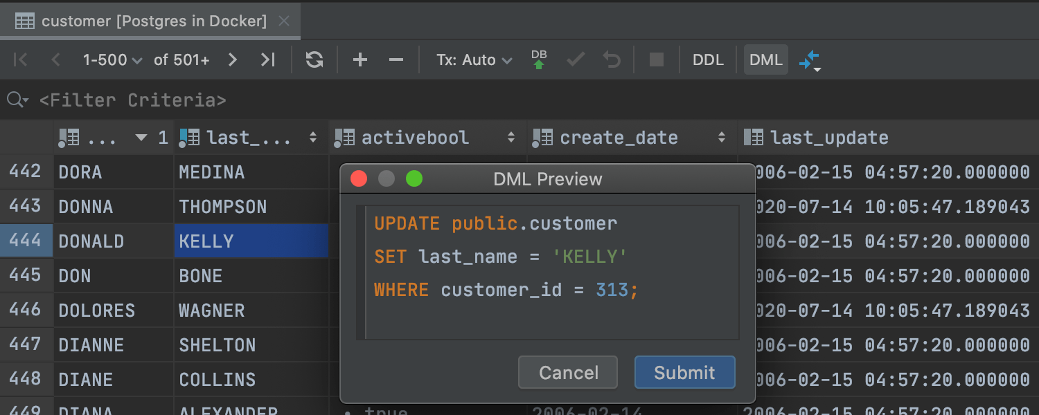 DML preview in the data editor