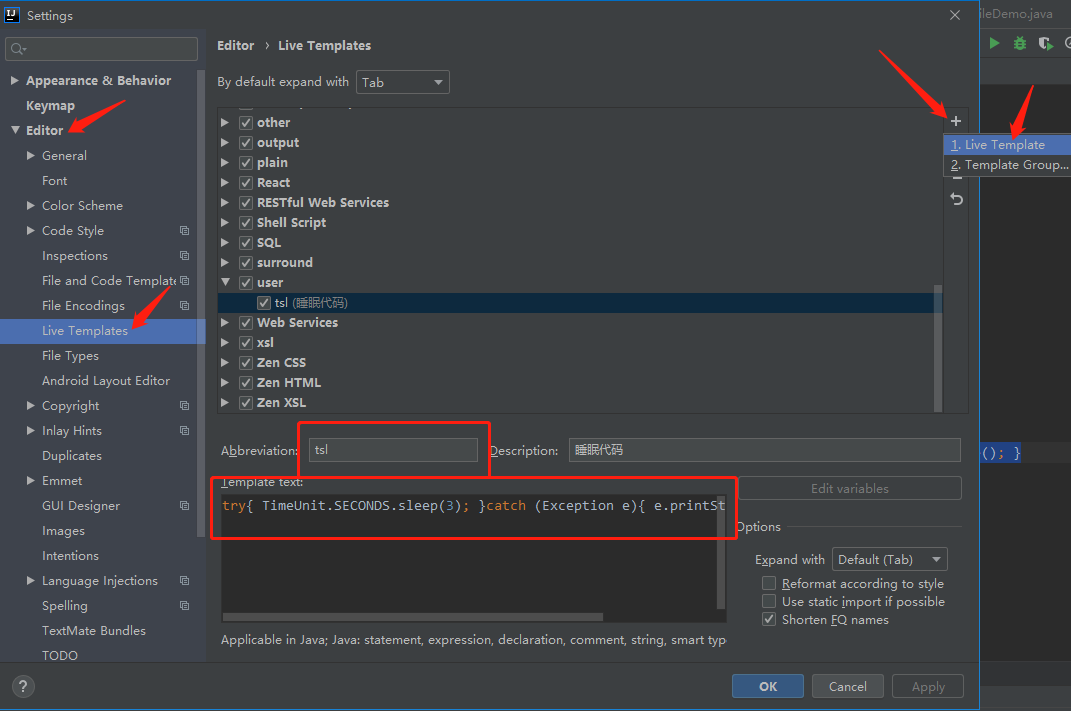 在IDEA中模板设置 live template实现自定义代码补全触发词== springboot 的main方法的缩写快捷方式  和  sleep模板的设置