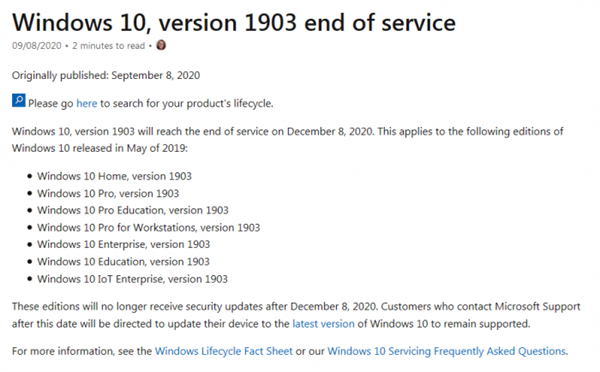 Win10 V1903将于12月8日停止支持 微软 大家尽快更新 民工哥的博客 Csdn博客