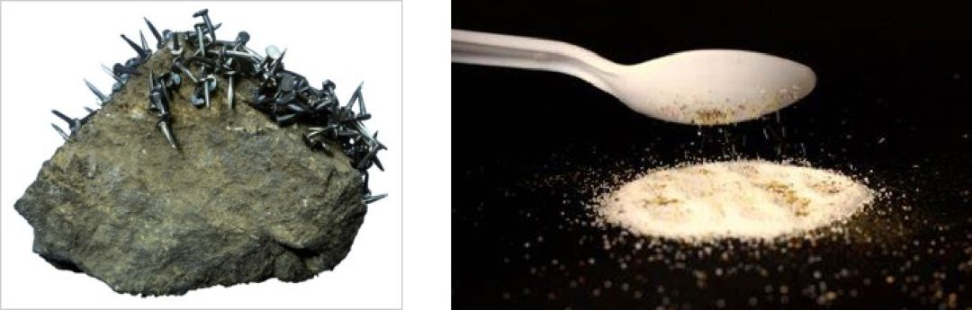 （左）磁石吸铁；（右）带有静电的塑料汤勺吸引粉末