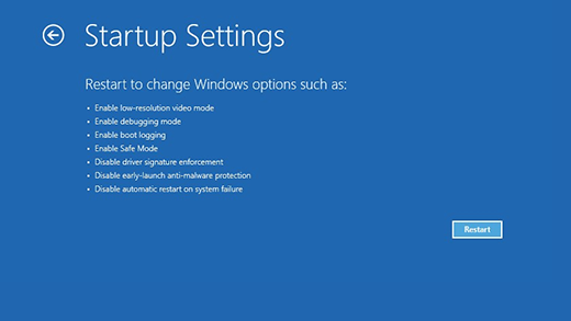 Windows 恢复环境中的启动设置屏幕。