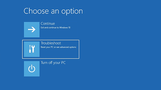 Windows 恢复环境中的选择一个选项屏幕。