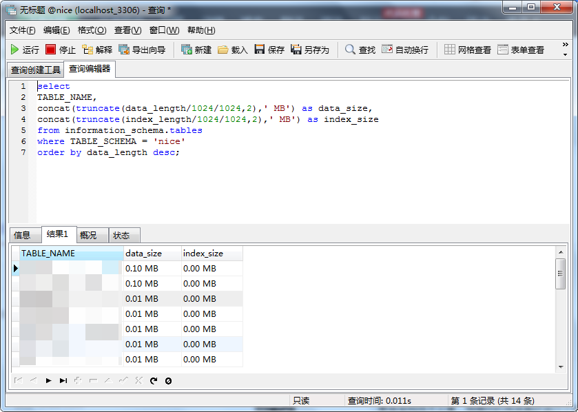 统计MySQL中某数据库硬盘占用量大小