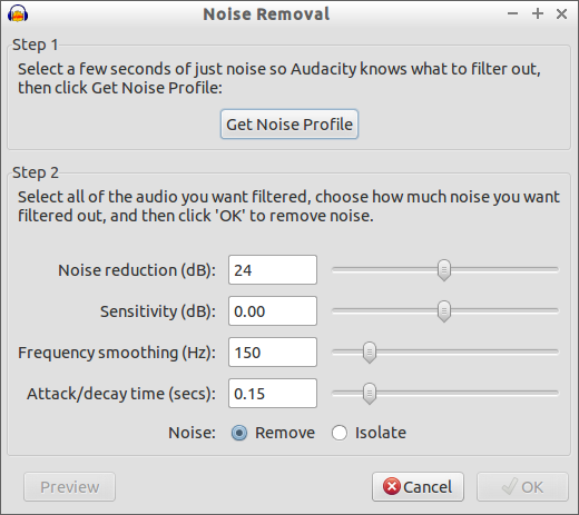 audacity's noise removal controls