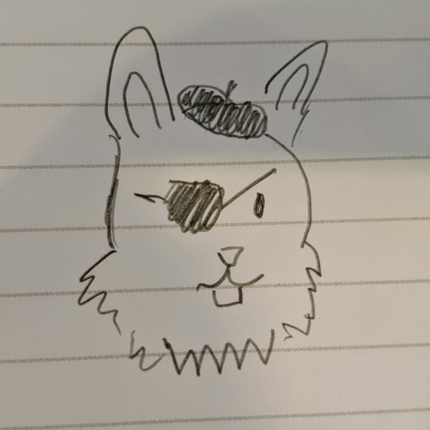 A drawing of a bunny wearing an eyepatch, and a beret.